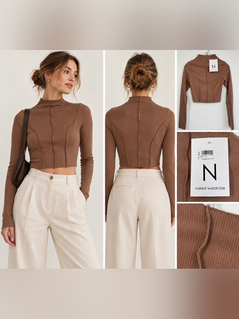 NWT Naked Wardrobe Coco Ribbed Mock Neck Crop Top Brown Medium
